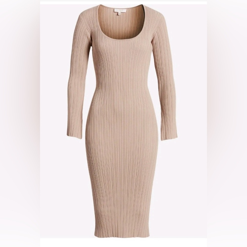 NWT WAYF Alexi Ribbed Knit Long Sleeve Midi Dress in Beige